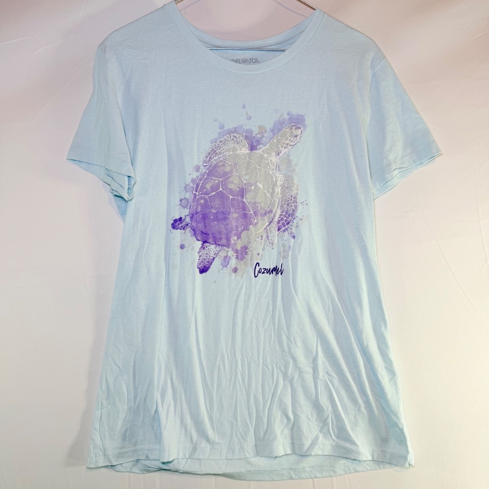 Del Sol Cozumel Sea Turtle Color Change Graphic T-Shirt‎ Light Blue Womens XL